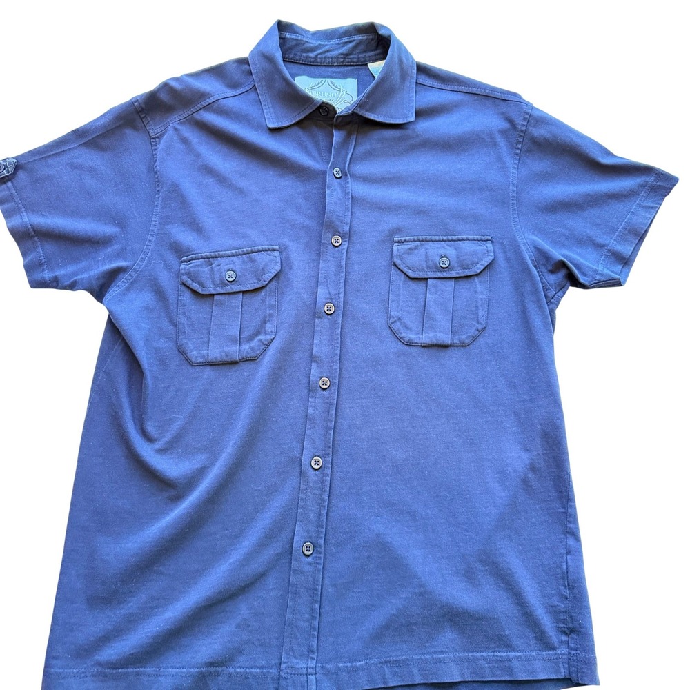 Bruno New York Mens Short Sleeve Button Up Medium Navy Blue Stretch Preppy‎